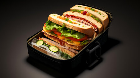 Sandwich with ham, cheese and vegetables in a lunch box on a black backgroundの素材