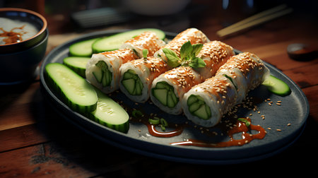 Sushi roll with cucumber and sesame seeds on wooden tableの素材