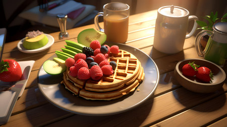 Delicious breakfast with waffles, fruits and coffee on wooden tableの素材