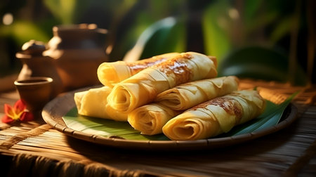 Thin pancakes with cottage cheese and sour cream on a green plateの素材