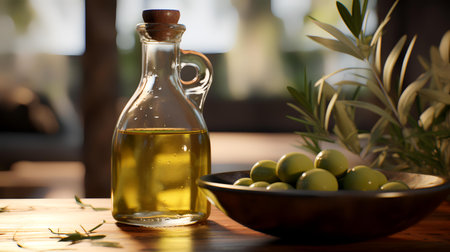 Olive oil and olives in a bowl on a wooden tableの素材