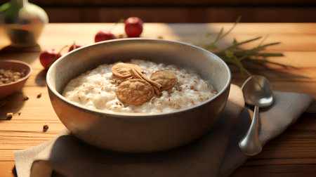 Bowl with tasty oatmeal on wooden table, closeup. Healthy breakfastの素材