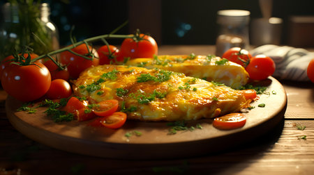 Omelet with tomatoes and parsley on a wooden table.の素材