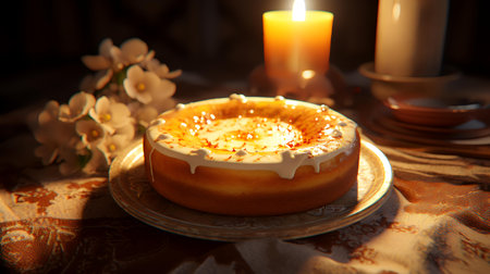 Creamy cheesecake on a plate with a burning candle.の素材