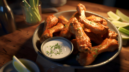 Chicken wings with tzatziki sauce and lime on wooden tableの素材