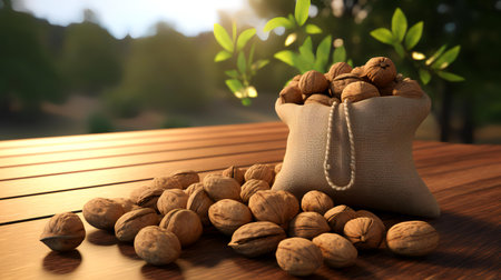 Walnuts in a sack on a wooden table. 3d renderingの素材