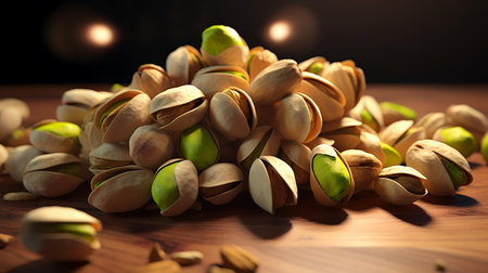 Pistachio nuts on a wooden table. 3d illustrationの素材