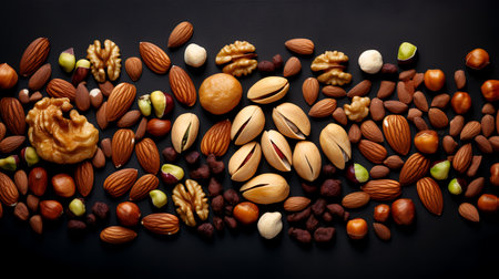 Assortment of nuts on a black background. Nuts mix.の素材