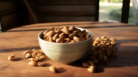 Almond nuts in bowl on wooden table, closeup. Healthy foodの素材