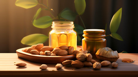 Almond oil in a glass jar and nuts on a wooden tableの素材