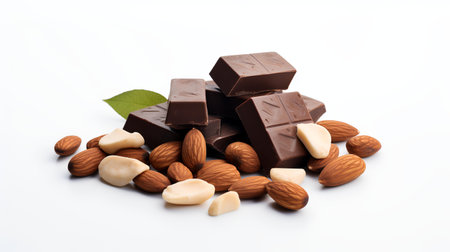 Chocolate and almonds on white background. Shallow dof.の素材