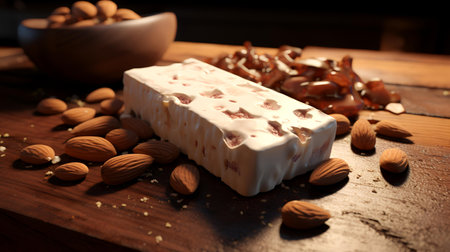 Nougat with almonds on a wooden table. Selective focus.の素材