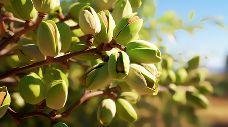 Close-up of green unripe almonds on the tree.の素材