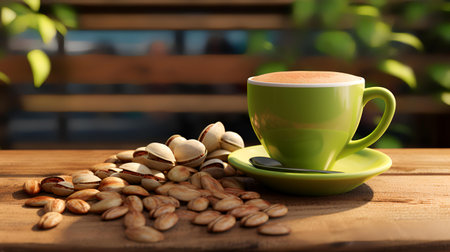 Cup of coffee with pistachios on wooden table in cafeの素材