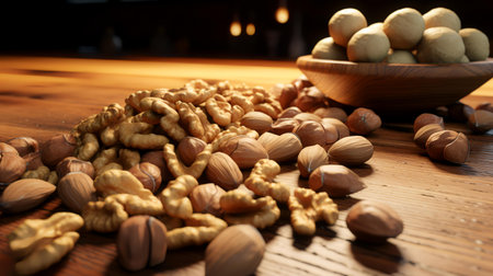 Walnuts and hazelnuts in a wooden bowl on a wooden tableの素材