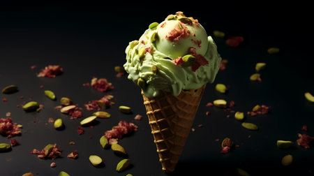 ice cream with pistachios on a black background, close upの素材