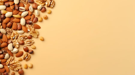 Mix of nuts on color background, top view. Space for textの素材