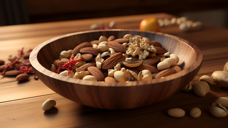 Mix nuts in wooden bowl on wooden background. Healthy food concept.の素材