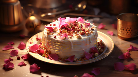 Birthday cake with rose petals and nuts on a wooden tableの素材