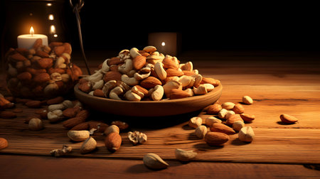 Mix of nuts on a wooden table with a candle in the backgroundの素材