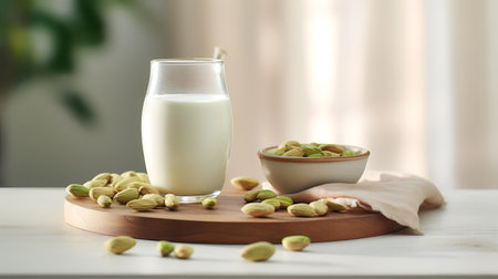 Glass of tasty pistachio milk on wooden board, closeupの素材