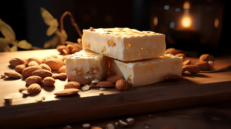 Tasty nougat with nuts on wooden board, closeupの素材
