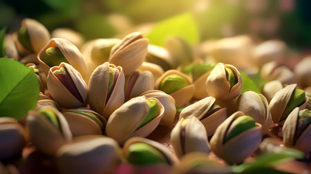 Close up of pistachio nuts with shallow depth of field.の素材