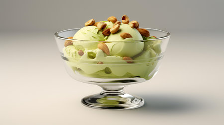 Ice cream with pistachios in a glass bowl on a gray backgroundの素材