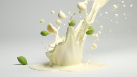 Milk splash with green leaves on white background. 3d renderingの素材