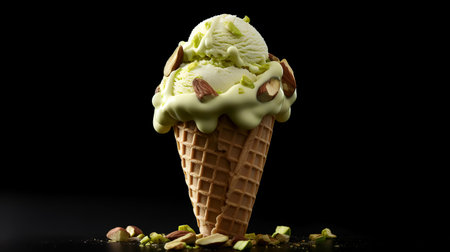 Green ice cream in waffle cone with pistachios on black backgroundの素材