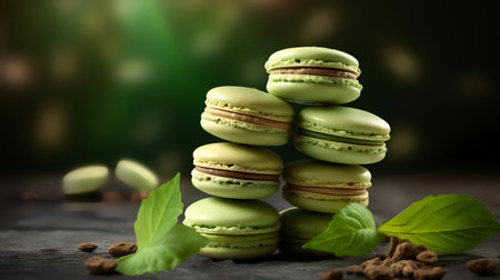 Green macarons on a dark background with mint leaves, selective focusの素材