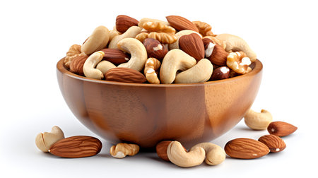 Mix of nuts in wooden bowl isolated on white background. Healthy food concept.の素材