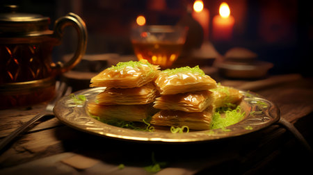 Traditional turkish dessert baklava with cashew, walnuts. Dark background.の素材