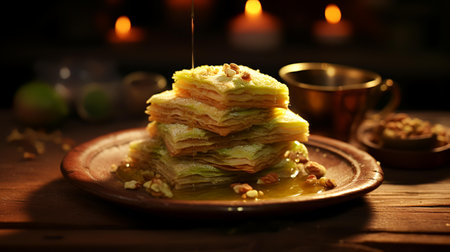 A stack of pancakes with honey and nuts on a wooden table.の素材
