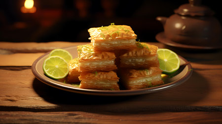 Traditional turkish dessert baklava with cashew, walnuts. Homemade baklava with nuts and honey.の素材