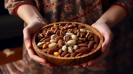 Woman holding wooden bowl with different kinds of nuts. Healthy eating concept.の素材