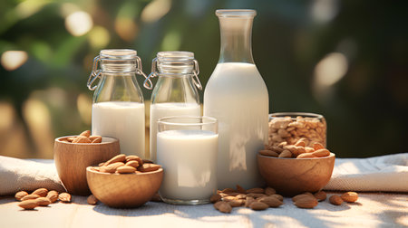 Bottles of tasty almond milk and nuts on table against blurred backgroundの素材