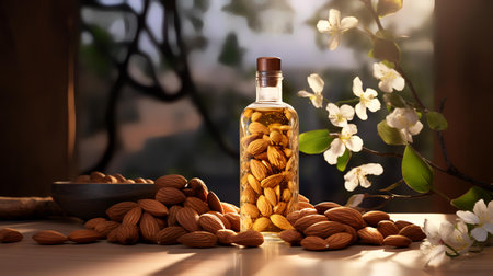 Almond oil in glass bottle with almonds and jasmine flowersの素材