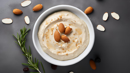 Bowl with tasty hummus and nuts on dark background, top viewの素材