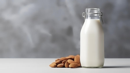 Almond milk in a glass bottle with almonds on a gray backgroundの素材