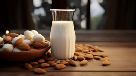 Glass of milk and almond nuts on wooden table. Selective focusの素材