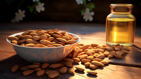 Almond oil in a glass bottle and almonds in a bowl on a wooden tableの素材