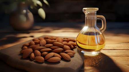 almond oil in a glass bottle on a wooden table with almondsの素材