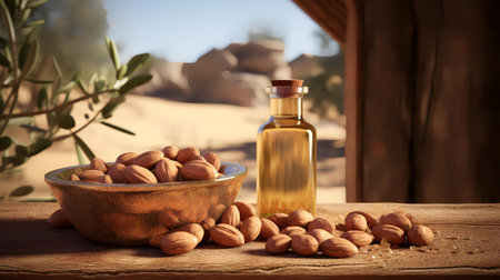 Almond oil in a glass bottle and nuts on a wooden table.の素材