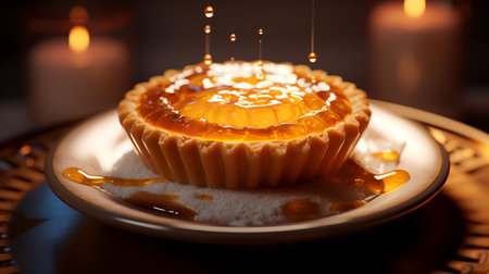 Honey pouring into a tartlet on a plate with candles in the backgroundの素材