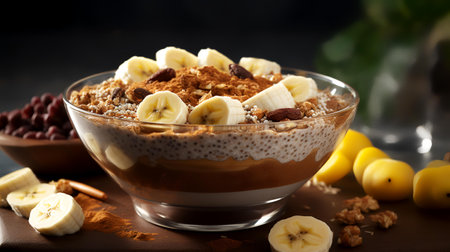 Chocolate smoothies with banana and nuts in a bowl on a dark backgroundの素材