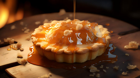 Pouring caramel syrup on delicious cake on wooden table, closeupの素材