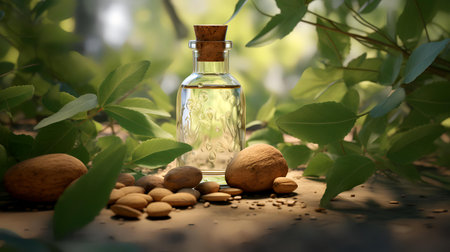 Almond oil in a small glass bottle with nuts and green leavesの素材