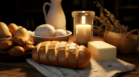 Bread and bakery products on wooden table. Shallow depth of field.の素材