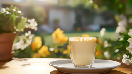 Coffee latte in a glass on a wooden table in the gardenの素材